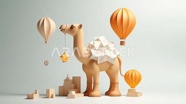 مجسم ثلاثي الابعاد لحيوان الجمل المحمل بالأمتعة ، رسوم بيانيه ثري دي لحيوان الابل الثدي ،  أضحية وقربان عيد الاضحى المبارك، أعياد دينيه إسلاميه ,خلفيه بيضاء