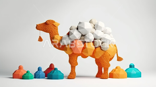 مجسم ثلاثي الابعاد لحيوان الجمل المحمل بالأمتعة ، رسوم بيانيه ثري دي لحيوان الابل الثدي ،  أضحية وقربان عيد الاضحى المبارك، أعياد دينيه إسلاميه ,خلفيه بيضاء