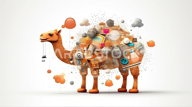 رسوم بيانيه ثري دي لحيوان الابل الثدي ، مجسم ثلاثي الابعاد لحيوان الجمل المحمل بالألعاب وهدايا العيد السعيد ، أضحية وقربان عيد الاضحى المبارك، أعياد دينيه إسلاميه ,خلفيه بيضاء
