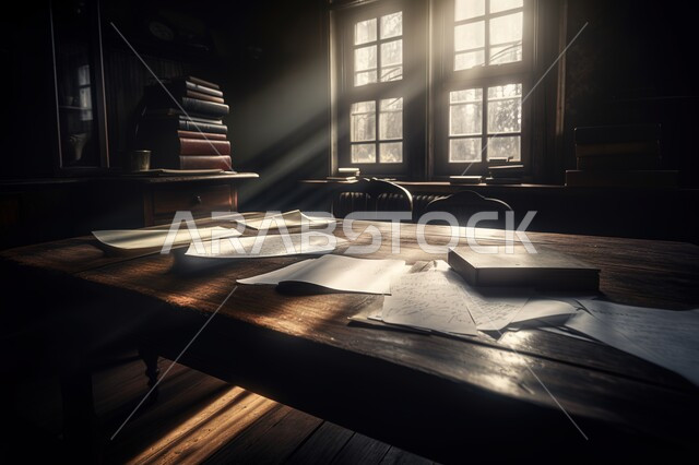 ضوء اشعة الشمس الصباحية في غرفة قديمة، طاولة خشبية للقراءة والكتابة، ديكور داخلي لغرفة مكتبية