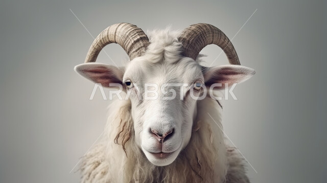 صوره مقربه لخروف ابيض , غنم عيد الأضحى المبارك, كبش أليف, تربية المواشي والحيوانات في المحميات الطبيعيه, خلفية رمادية