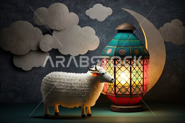 خلفية السماء و هلال القمر, مجسم ثلاثي الابعاد لحيوان الخاروف الابيض,  الاحتفال بعيد الأضحى المبارك, تحضير القربان  للذبح والتقرب الى الله, الأعياد الاسلاميه