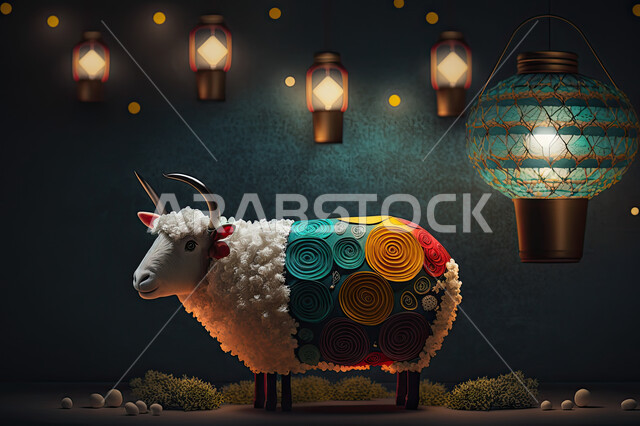 تحضير القربان  للذبح والتقرب الى الله, خاروف ابيض يرتدي قطعة قماش ملونه, خلفية السماء و  الفوانيس المضيئه, الاحتفال بعيد الأضحى المبارك, الأعياد الاسلاميه