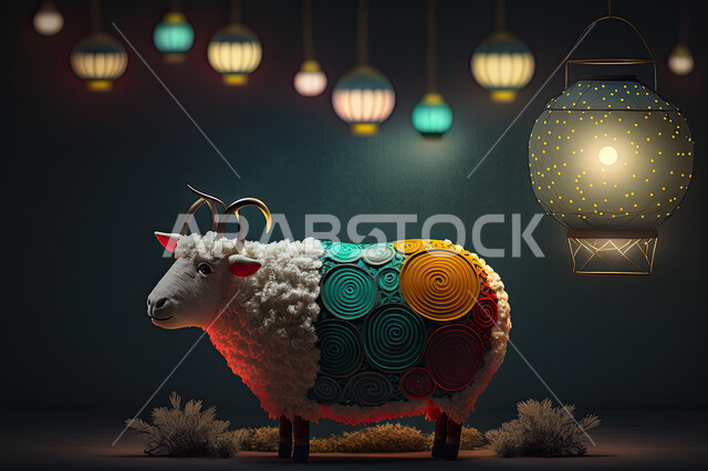 خاروف ابيض يرتدي قطعة قماش ملونه, خلفية السماء و  الفوانيس المضيئه, الاحتفال بعيد الأضحى المبارك, تحضير القربان  للذبح والتقرب الى الله, الأعياد الاسلاميه