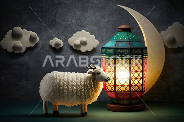 خلفية السماء و هلال القمر, مجسم ثلاثي الابعاد لحيوان الخاروف الابيض,  الاحتفال بعيد الأضحى المبارك, تحضير القربان  للذبح والتقرب الى الله, الأعياد الاسلاميه