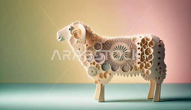 رسوم بيانيه ثري دي لحيوان الغنم الثدي الاليف، قربان و أضحية عيد الاضحى المبارك، مجسم ثلاثي الابعاد لحيوان الخاروف الابيض المزخرف ، أعياد دينيه إسلاميه  ، خلفية ملونة