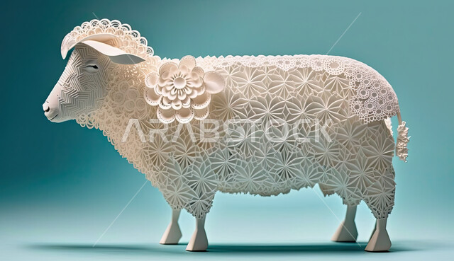 أعياد إسلاميه دينية, قربان و أضحية عيد الاضحى المبارك، مجسم ثلاثي الابعاد لحيوان الخاروف الابيض المزخرف ، رسوم بيانيه ثري دي لحيوان الغنم الثدي الاليف ، خلفية زرقاء