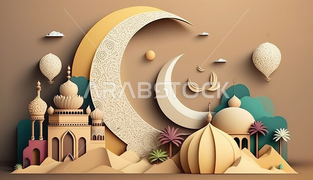 قالب تصميم لمجموعه من التحف الرمضانيه ثلاثية الابعاد , هلال رمضان, زينة شهر رمضان, احتفالات و مناسبات وهدايا، خلفية عيد الاضحى المبارك