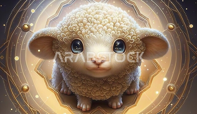 صورة مقربة لمجسم ثلاثي الابعاد لحيوان الخاروف ، أعياد دينيه إسلاميه, رسوم بيانيه ثري دي لحيوان الغنم الثدي ، أضحية وقربان عيد الاضحى المبارك، خلفية بيضاء مزخرفه