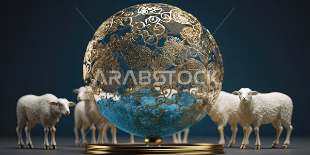 مجسم ثلاثي الابعاد لكره ارضيه بجانبها مجموعة من الخرفان  باللون الابيض، تربية المواشي والحيوانات في كوكب الارض، تحف واكسسوارات زينه، عيد الأضحى حول العالم ، القربان في الاعياد الإسلاميه ، خلفية زرقاء