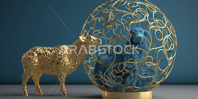 مجسم ثلاثي الابعاد لكره ارضيه بجانبها حيوان الخاروف  باللون الذهبي ، تربية المواشي والحيوانات في كوكب الارض، تحف واكسسوارات زينه، عيد الأضحى حول العالم ، القربان في الاعياد الإسلاميه ، خلفية زرقاء