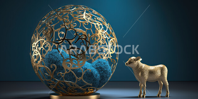 مجسم ثلاثي الابعاد لكره ارضيه بجانبها حيوان الخاروف  باللون الذهبي ، تربية المواشي والحيوانات في كوكب الارض، تحف واكسسوارات زينه، عيد الأضحى حول العالم ، القربان في الاعياد الإسلاميه ، خلفية زرقاء