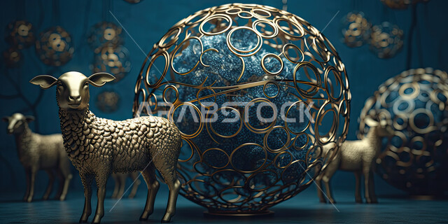 مجسم ثلاثي الابعاد لكره ارضيه بجانبها مجموعة من الخرفان  باللون الذهبي ، تربية المواشي والحيوانات في كوكب الارض، تحف واكسسوارات زينه، عيد الأضحى حول العالم ، القربان في الاعياد الإسلاميه ، خلفية زرقاء