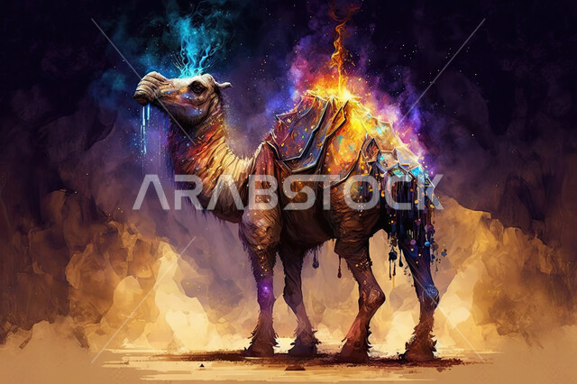 مجسم ثلاثي الابعاد لحيوان الجمل الملون، أضحية وقربان عيد الاضحى المبارك،  رسوم بيانيه ثري دي لحيوان الابل الثدي ، أعياد دينيه إسلاميه ,  خلفية سوداء,