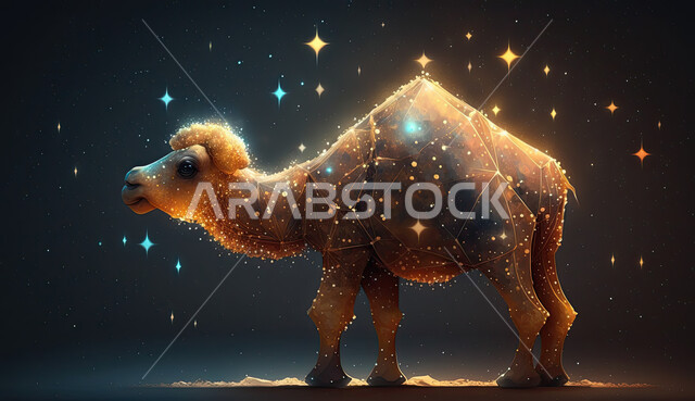 ناقة مضيئة على  خلفية سوداء, أضحية وقربان عيد الاضحى المبارك، مجسم ثلاثي الابعاد لحيوان الجمل المضيئ ، رسوم بيانيه ثري دي لحيوان الابل الثدي ، أعياد دينيه إسلاميه