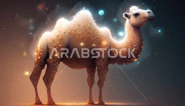 ناقة مضيئة على  خلفية سوداء, أضحية وقربان عيد الاضحى المبارك، مجسم ثلاثي الابعاد لحيوان الجمل المضيئ ، رسوم بيانيه ثري دي لحيوان الابل الثدي ، أعياد دينيه إسلاميه
