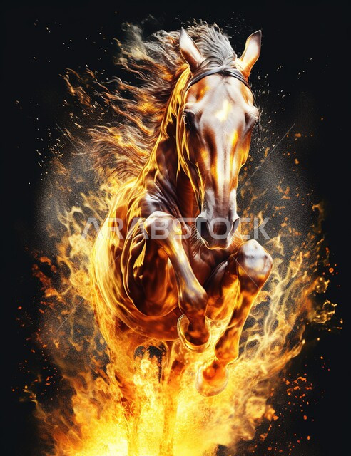 صورة مقربة لخيل عربي اصيل محاط بألسنة اللهب المحترقة، الركض والقفز والعدو السريع، حصان مشتعل بلهيب النار ويجري بسرعة خارقة، خلفية سوداء