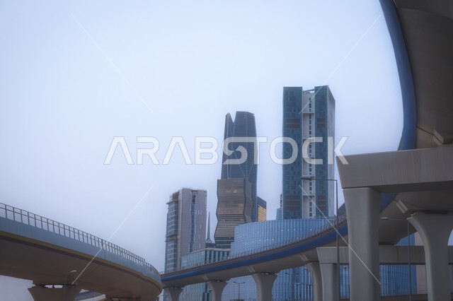 The famous towers and landmarks of Riyadh at sunset, the King Abdullah Financial District (KAFD) in the city of Riyadh in Saudi Arabia, towers and skyscrapers, architectural art