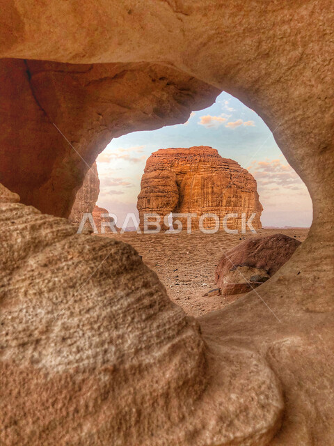 Rock formations in desert areas, Elephant Rock in Al-Ula Governorate in the Kingdom of Saudi Arabia, ancient historical monuments, mountain peaks and heights, tourist places in Saudi Arabia