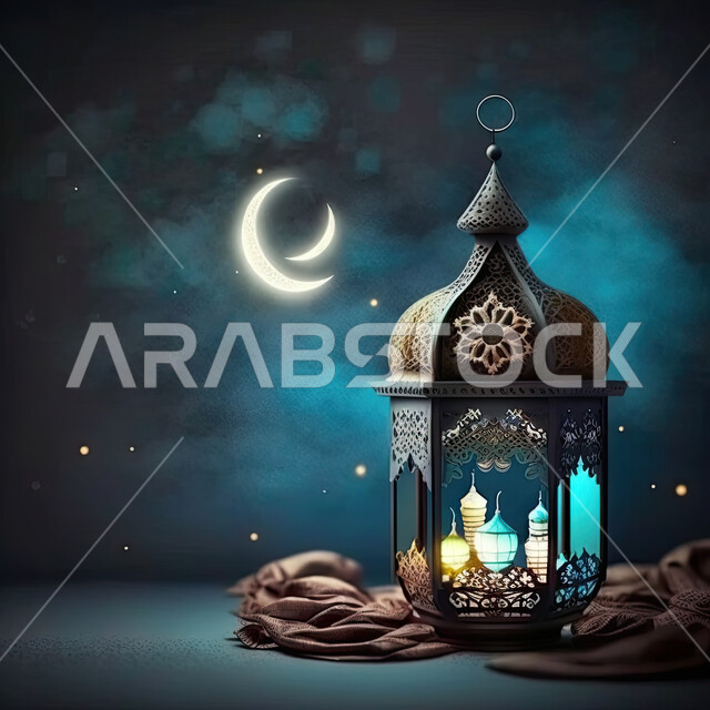 تحف واكسسوارات شهر رمضان المبارك ، فانوس وإضاءه ملونه، زينة وأنوار للاعياد والمناسبات، أجواء سعيده ، عساكم من عواده ، قدوم شهر الخير ، خلفيه زرقاء