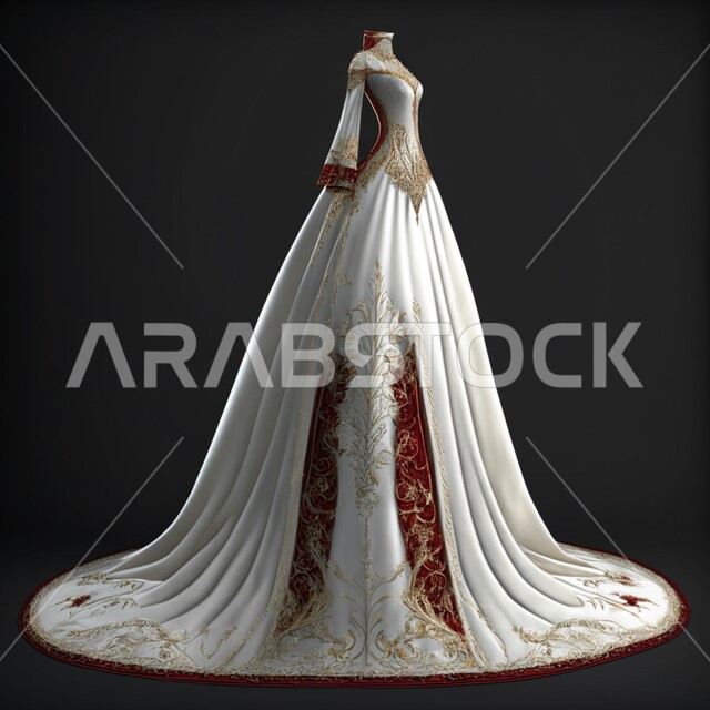 تصميم ثلاثي الابعاد لفستان زفاف ابيض مطرز باللون الاحمر، بدلة زواج فاخره للعروس، فساتين أنيقه للأفراح والاعراس، ازياء واكسسوارات بتصاميم عصرية نسائية، خلفيه سوداء