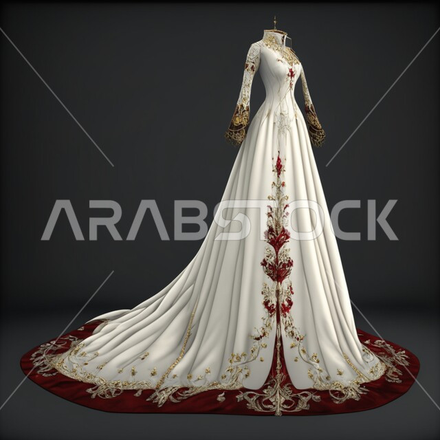 Luxurious marriage suit for the bride, 3D design for a white wedding dress embroidered in red, elegant dresses for weddings and weddings, fashion and accessories with modern designs for women, black background