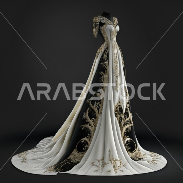 زواج فاخره للعروس، ازياء واكسسوارات بتصاميم عصرية نسائية راقية، فساتين أنيقه للأفراح والاعراس، تصميم ثلاثي الابعاد لفستان زفاف ابيض مطرز باللون الاسود، بدلة خلفيه سوداء