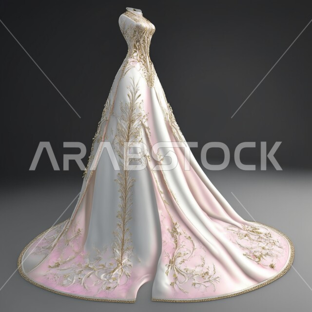 تصميم ثلاثي الابعاد لفستان زفاف ابيض بموديلات مبتكرة، بدلة زواج فاخره للعروس، ازياء واكسسوارات بتصاميم عصرية نسائية، فساتين أنيقه للأفراح والاعراس، خلفيه رمادية