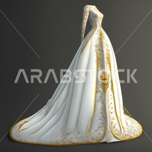 3D design of a white wedding dress, a luxurious marriage suit for the bride, fashion and accessories with modern designs for women, elegant dresses for weddings and weddings, gray background