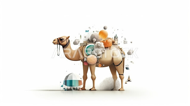 رسوم بيانيه ثري دي لحيوان الابل الثدي الاليف المحمل بالامتعة، مجسم ثلاثي الابعاد لحيوان الجمل، أضحية وقربان عيد الاضحى المبارك، أعياد دينيه إسلاميه ، خلفية بيضاء و الغيوم