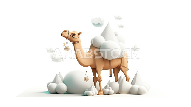 رسوم بيانيه ثري دي لحيوان الابل الثدي الاليف، مجسم ثلاثي الابعاد لحيوان الجمل، أضحية وقربان عيد الاضحى المبارك، أعياد دينيه إسلاميه ، خلفية بيضاء و الغيوم