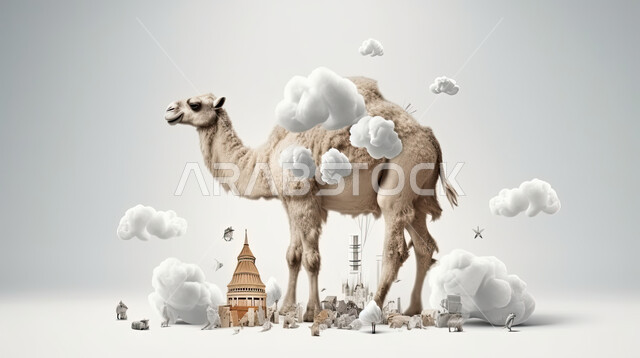 رسوم بيانيه ثري دي لحيوان الابل الثدي الاليف، مجسم ثلاثي الابعاد لحيوان الجمل، أضحية وقربان عيد الاضحى المبارك، أعياد دينيه إسلاميه ، خلفية بيضاء و الغيوم