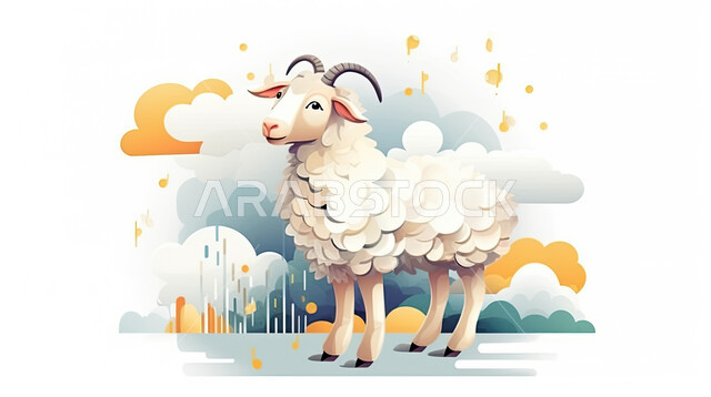 3D graphics of a pet sheep animal, a 3D model of a goat animal, the sacrifice and offering of Eid al-Adha, Islamic religious holidays, the sky background