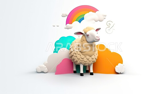 خلفية بيضاء مع فقاعات ملونة, مجسمات ثري دي لحيوان الخاروف على خلفية بيضاء تحوي بالونات ملونة, تربية المواشي والحيوانات في المحمية الطبيعية, رسوم بيانية ثلاثية الابعاد لكبش أليف