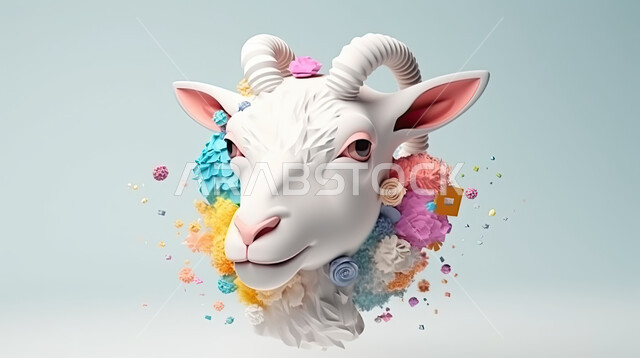 خلفية بيضاء مع فقاعات ملونة, مجسمات ثري دي لحيوان الخاروف على خلفية بيضاء تحوي بالونات ملونة, تربية المواشي والحيوانات في المحمية الطبيعية, رسوم بيانية ثلاثية الابعاد لكبش أليف