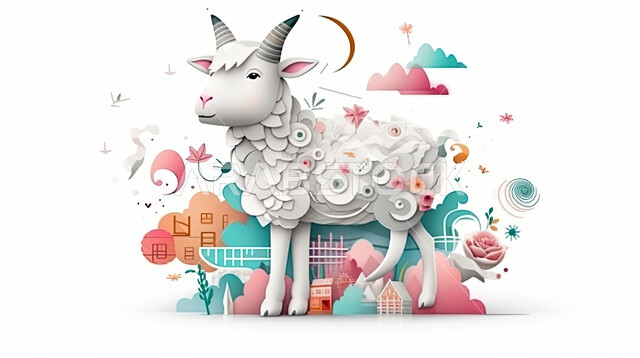 خلفية بيضاء مع رسومات ملونة, مجسمات ثري دي لحيوان الخاروف على خلفية بيضاء تحوي بالونات ملونة, تربية المواشي والحيوانات في المحمية الطبيعية, رسوم بيانية ثلاثية الابعاد لكبش أليف