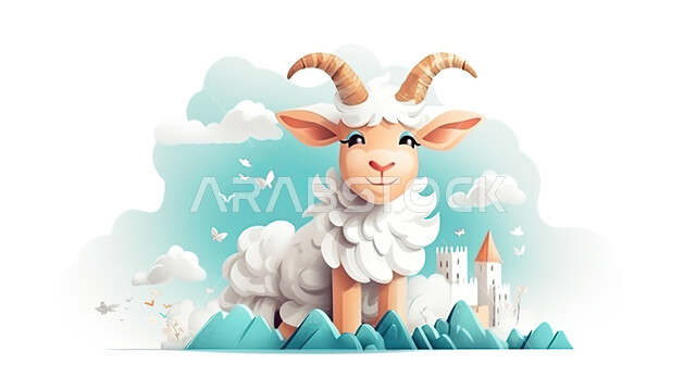 مجسم ثلاثي الابعاد لحيوان الماعز ، رسوم بيانيه ثري دي لحيوان الغنم الثدي الاليف، أضحية وقربان عيد الاضحى المبارك، أعياد دينيه إسلاميه  ، خلفية السماء