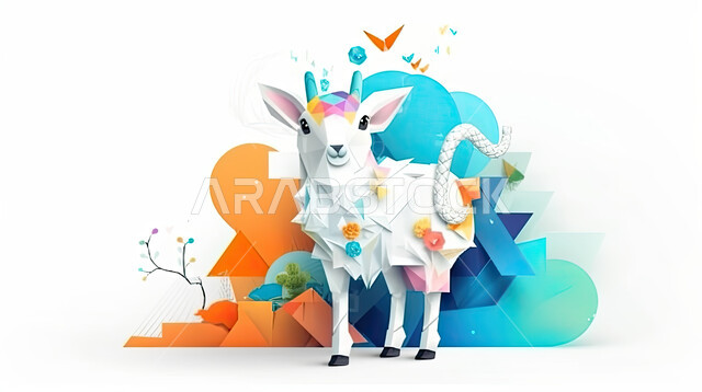 خلفية بيضاء مع فقاعات ملونة, مجسمات ثري دي لحيوان الخاروف على خلفية بيضاء تحوي بالونات ملونة, تربية المواشي والحيوانات في المحمية الطبيعية, رسوم بيانية ثلاثية الابعاد لكبش أليف
