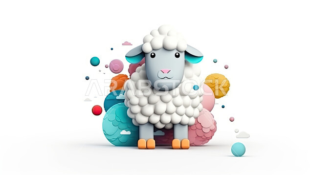 خلفية بيضاء مع فقاعات ملونة, مجسمات ثري دي لحيوان الخاروف على خلفية بيضاء تحوي بالونات ملونة, تربية المواشي والحيوانات في المحمية الطبيعية, رسوم بيانية ثلاثية الابعاد لكبش أليف