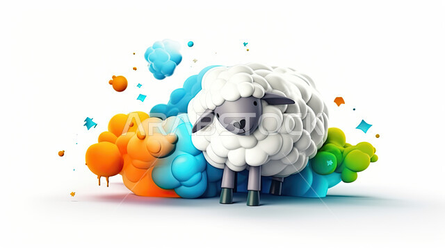 خلفية بيضاء مع فقاعات ملونة, مجسمات ثري دي لحيوان الخاروف على خلفية بيضاء تحوي بالونات ملونة, تربية المواشي والحيوانات في المحمية الطبيعية, رسوم بيانية ثلاثية الابعاد لكبش أليف