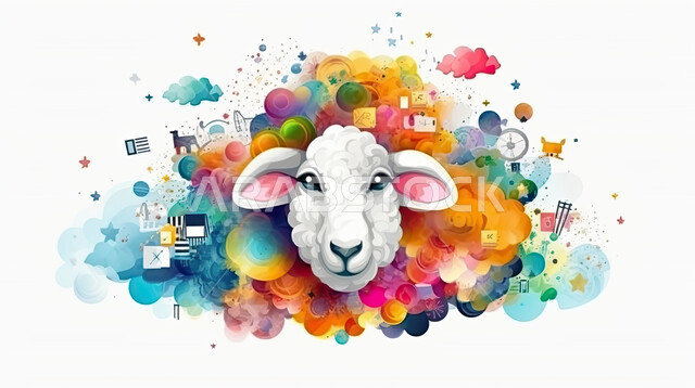 خلفية بيضاء مع فقاعات ملونة, مجسمات ثري دي لحيوان الخاروف على خلفية بيضاء تحوي بالونات ملونة, تربية المواشي والحيوانات في المحمية الطبيعية, رسوم بيانية ثلاثية الابعاد لكبش أليف