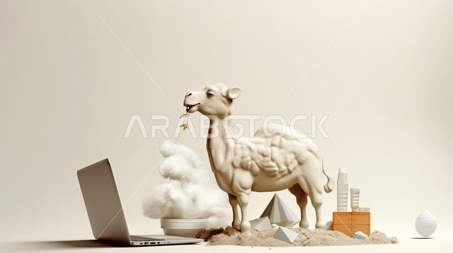 طلبات الاونلاين لذبح القربان في الأعياد الاسلاميه, مجسم ثلاثي الابعاد لحيوان الجمل أمام جهاز الحاسوب المحمول، مفهوم شراء وبيع الأضاحي عن بعد عبر جهاز الكمبيوتر ، خلفيه بيضاء