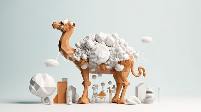 رسومات ثري دي لحيوان الابل المحمل بالامتعة, مجسم ثلاثي الابعاد لحيوان الجمل , تحضير القربان للذبح في الأعياد الاسلاميه ، ناقة على خلفيه بيضاء