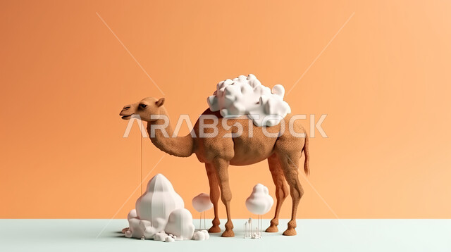 مجسم ثلاثي الابعاد لحيوان الجمل , رسومات ثري دي لحيوان الابل, تحضير القربان للذبح في الأعياد الاسلاميه ، شراء الالعاب والهدايا في العيد السعيد, ناقة على خلفيه بنية اللون