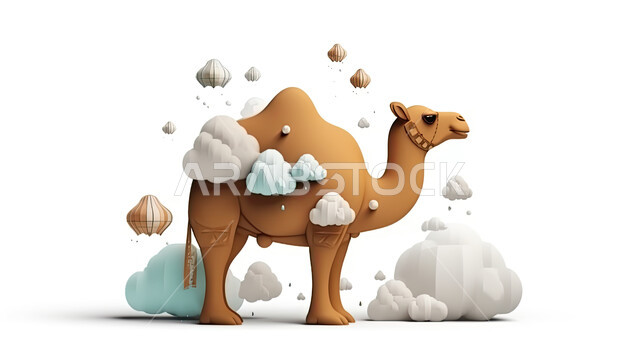 3D drawings of a camel animal, a three-dimensional model of a camel animal, preparing an offering for slaughter on Islamic holidays, a camel on a white background