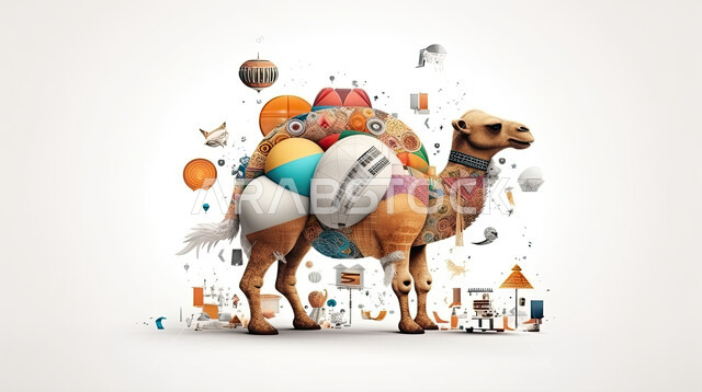 مجسم ثلاثي الابعاد لحيوان الجمل , رسومات ثري دي لحيوان الابل, تحضير القربان للذبح في الأعياد الاسلاميه ، شراء الالعاب والهدايا في ايام العيد السعيد، ناقة على خلفيه بيضاء