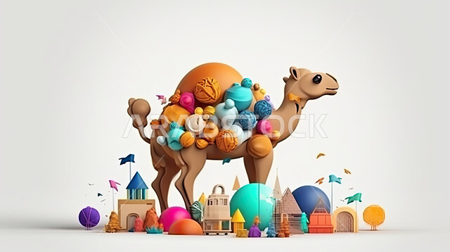 مجسم ثلاثي الابعاد لحيوان الجمل , رسومات ثري دي لحيوان الابل, تحضير القربان للذبح في الأعياد الاسلاميه ، شراء الالعاب والهدايا في ايام العيد السعيد، ناقة على خلفيه بيضاء
