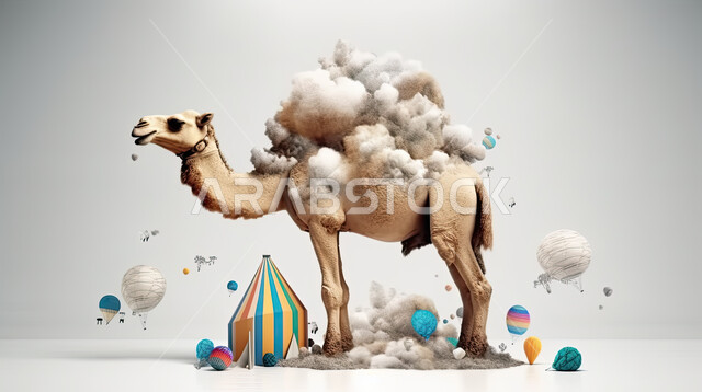 رسومات ثري دي لحيوان الابل المحمل بالامتعة, مجسم ثلاثي الابعاد لحيوان الجمل , تحضير القربان للذبح في الأعياد الاسلاميه ، ناقة على خلفيه بيضاء