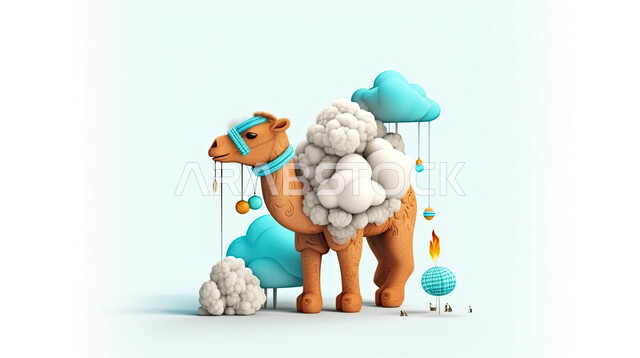 رسومات ثري دي لحيوان الابل المحمل بالامتعة, مجسم ثلاثي الابعاد لحيوان الجمل , تحضير القربان للذبح في الأعياد الاسلاميه ، ناقة على خلفيه بيضاء