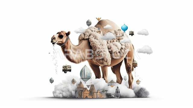 رسومات ثري دي لحيوان الابل المحمل بالامتعة, مجسم ثلاثي الابعاد لحيوان الجمل , تحضير القربان للذبح في الأعياد الاسلاميه ، ناقة على خلفيه بيضاء